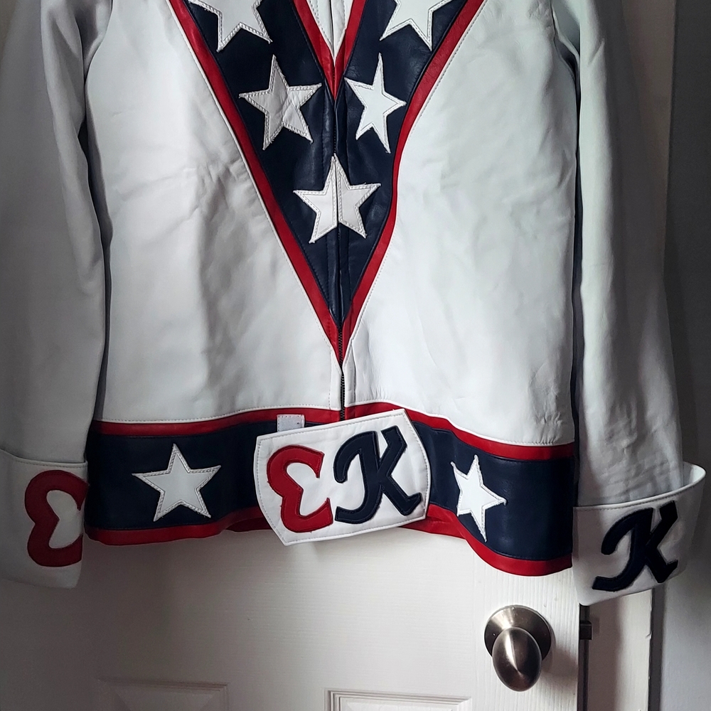 White Leather Star Motif Jacket with Red & Navy Trim